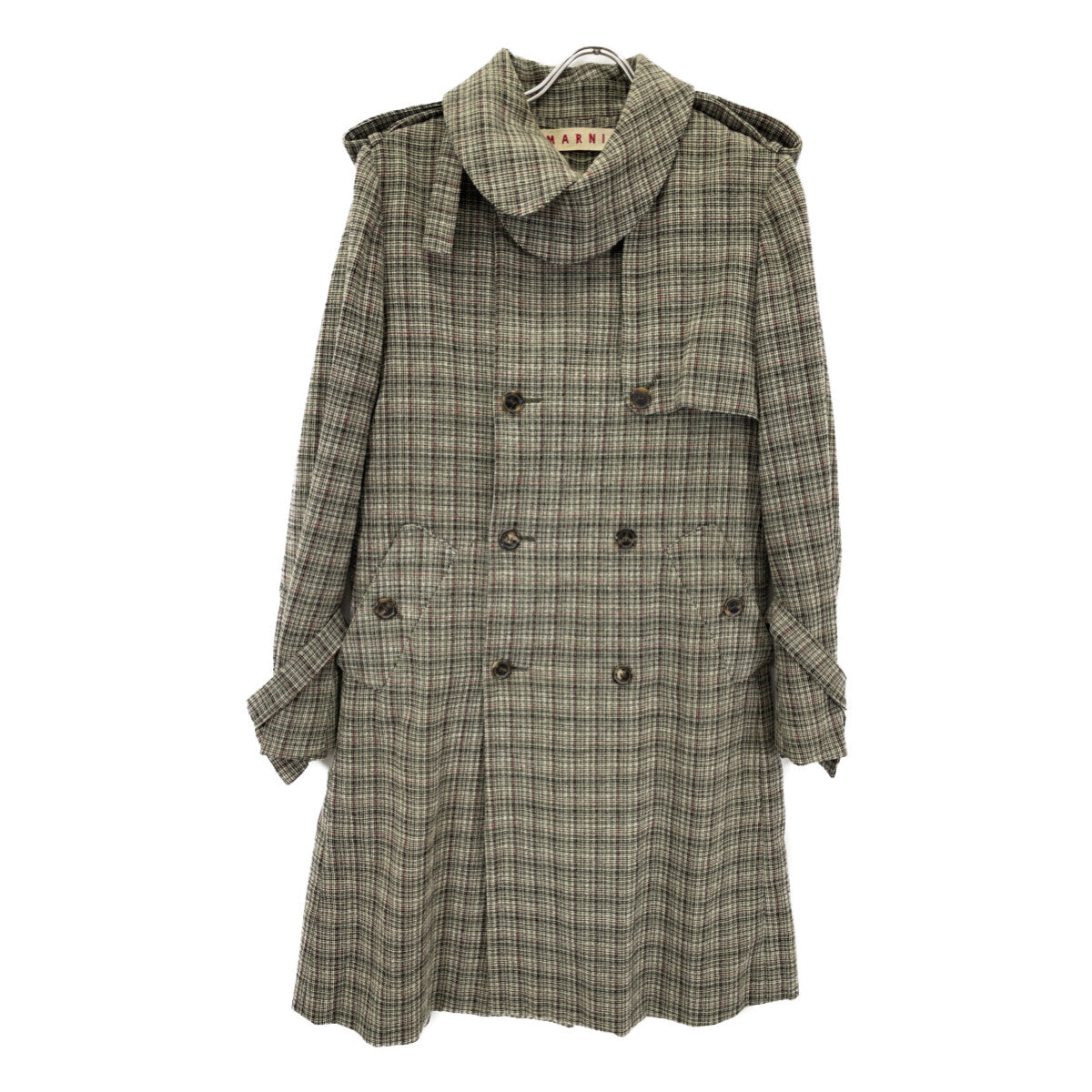 Green Wool x Cotton Check Double Breasted Belted Coat, Size 42, Women's