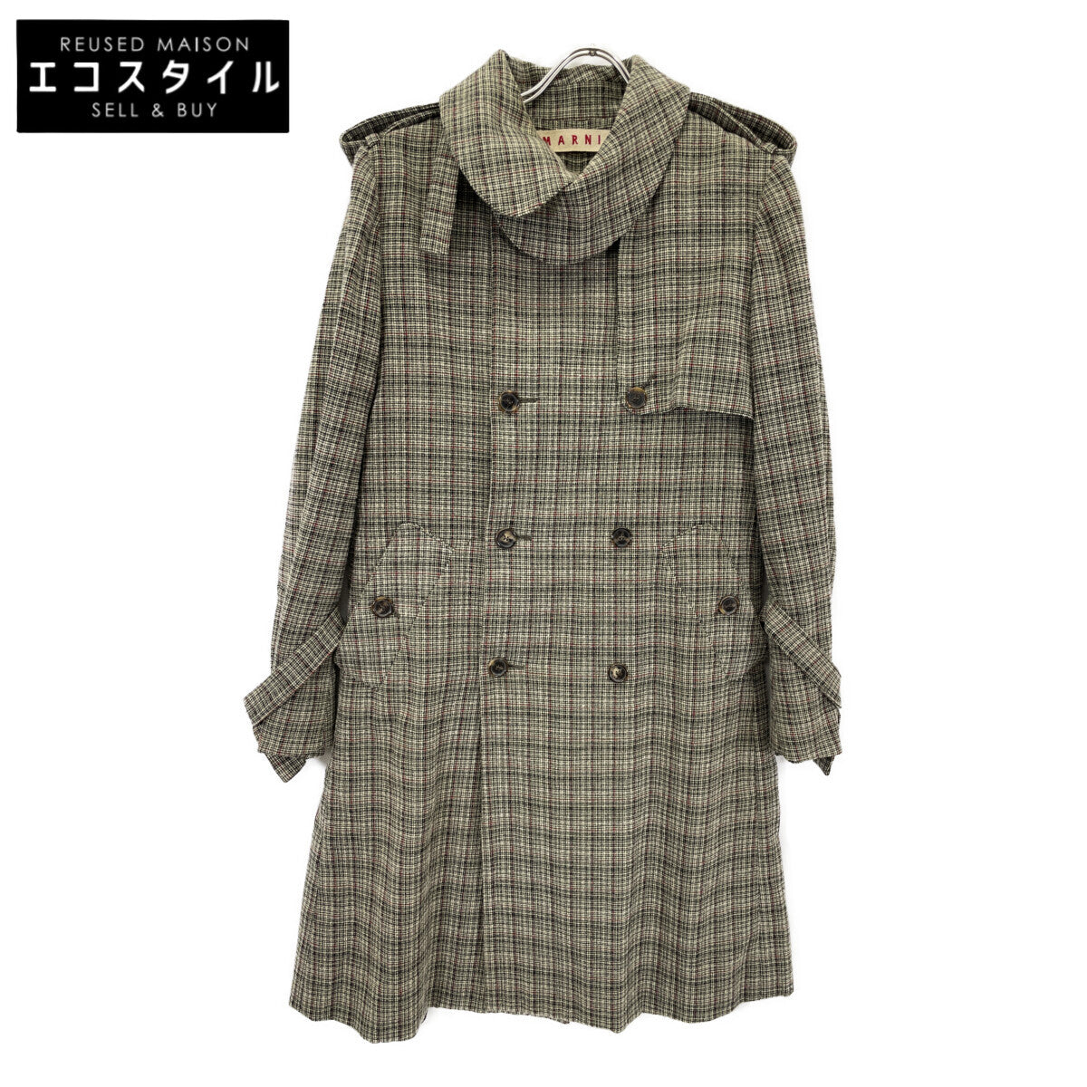Green Wool x Cotton Check Double Breasted Belted Coat, Size 42, Women's