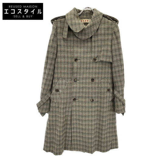 Green Wool x Cotton Check Double Breasted Belted Coat, Size 42, Women's