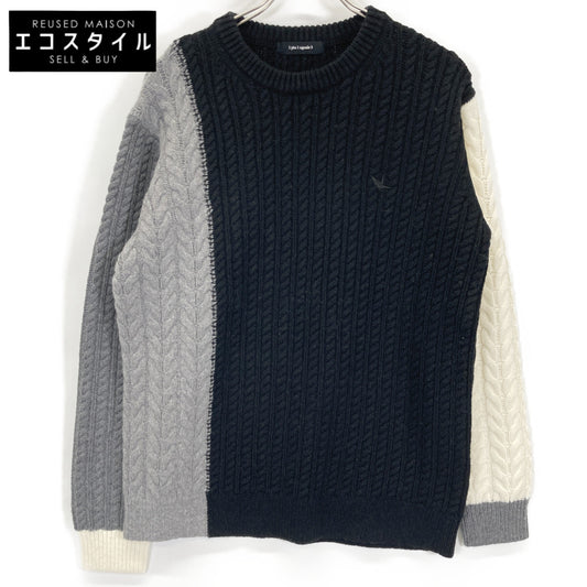 1piu1uguale3 ウノピゥウノウグァーレトレ MRK278 ﾌﾞﾗｯｸ×ｸﾞﾚｰ CRAZY CABLE CREW ｹｰﾌﾞﾙｸﾙｰﾈｯｸﾆｯﾄ トップス 3