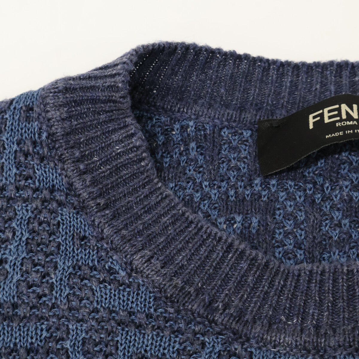 FENDI フェンディ 24年製 FZY443 AO5J ブルー リネン×コットン×シルク FF総柄 ショートスリーブニットプルオーバー トップス