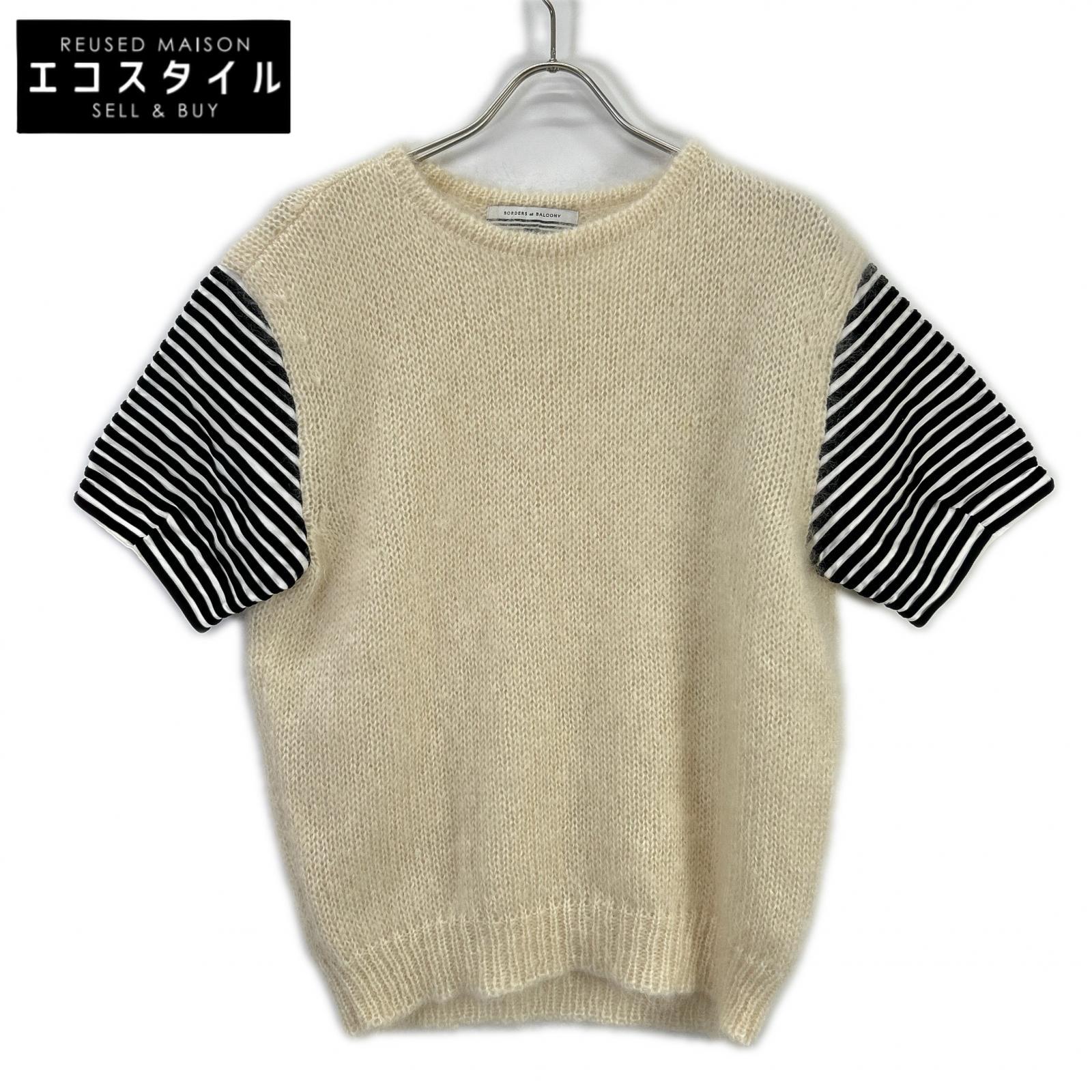 ﾍﾞｰｼﾞｭ×ﾌﾞﾗｯｸ ｽﾄﾗｲﾌﾟ 切り替え半袖ﾆｯﾄ トップス 38 レディース