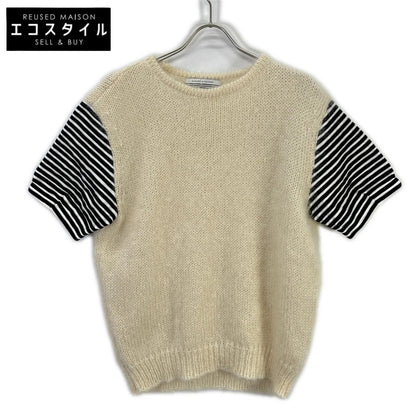 ﾍﾞｰｼﾞｭ×ﾌﾞﾗｯｸ ｽﾄﾗｲﾌﾟ 切り替え半袖ﾆｯﾄ トップス 38 レディース