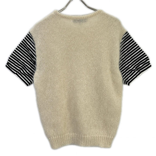Beige x Black Stripe Paneled Short Sleeve Knit Top 38 Women's