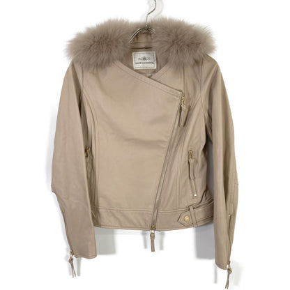 Pink Beige Fox Fur Collar Draped Lamb Jacket 38 Ladies