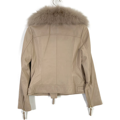 Pink Beige Fox Fur Collar Draped Lamb Jacket 38 Ladies