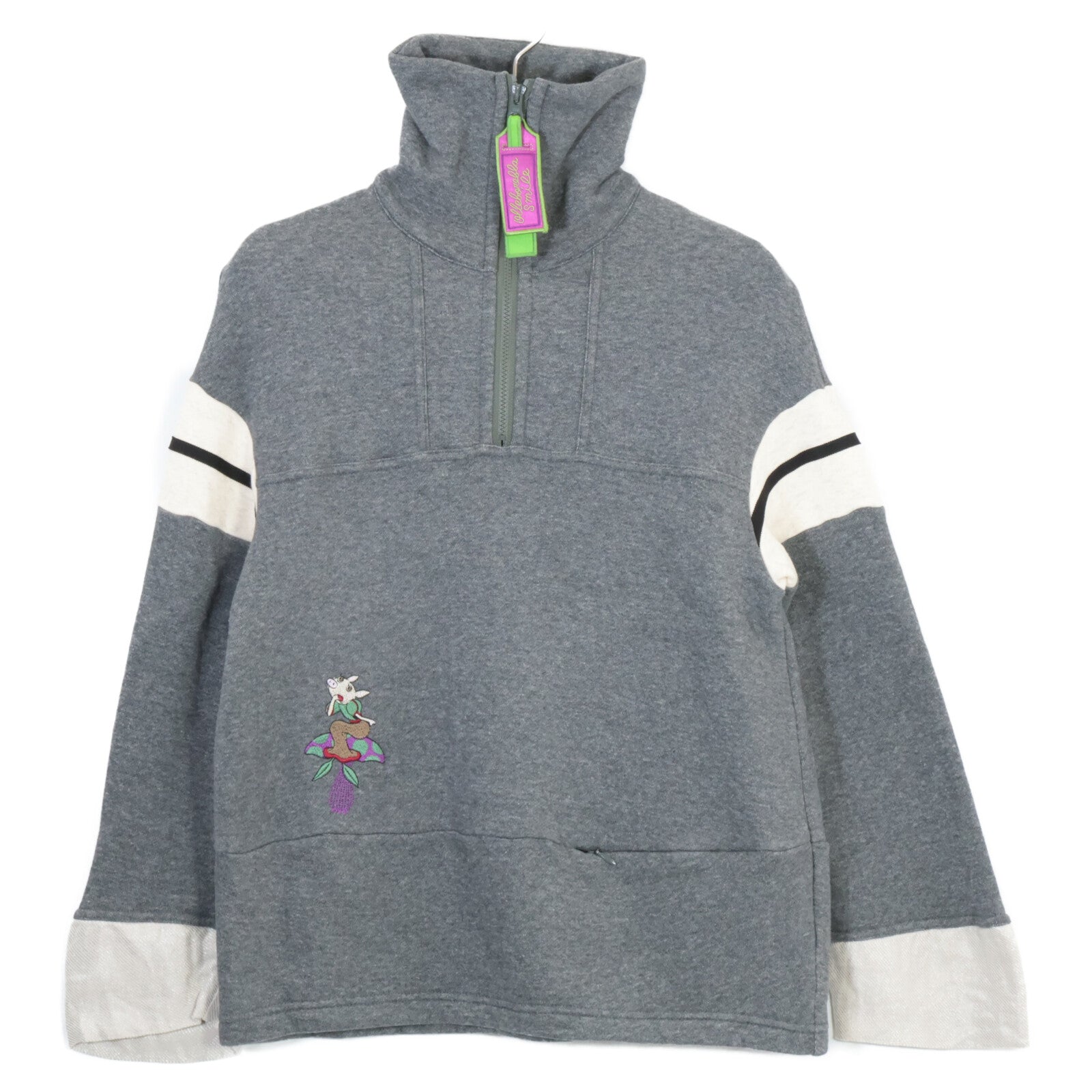 332802 Gray Cotton Pig Half-Zip Sweat Pullover Top, No Size Indication, Women's