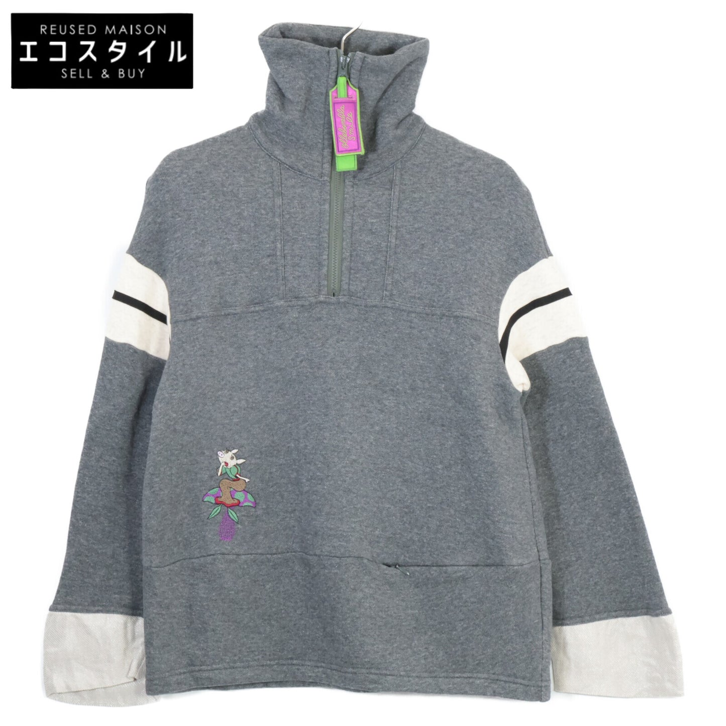332802 Gray Cotton Pig Half-Zip Sweat Pullover Top, No Size Indication, Women's