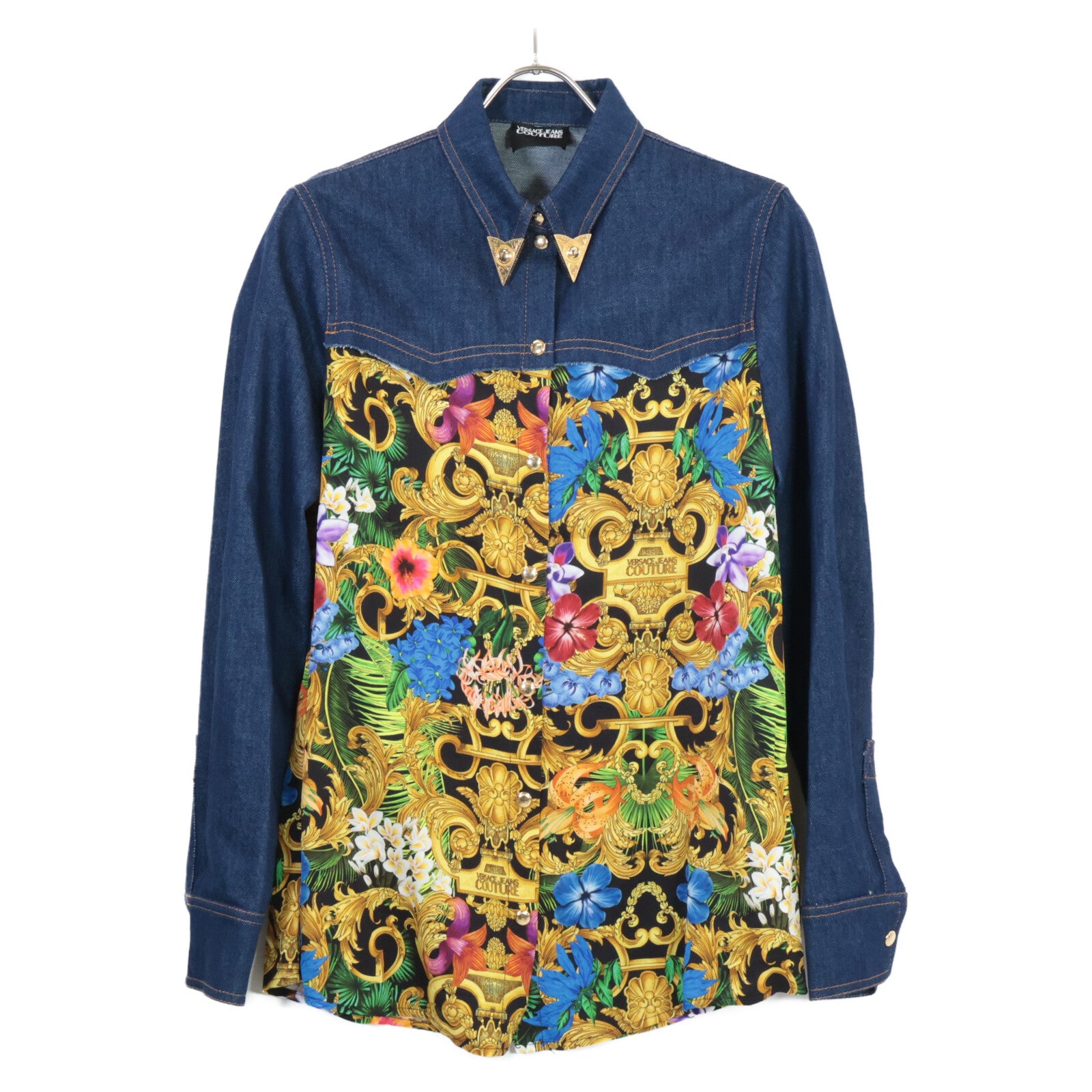 Versace Jeans ヴェルサーチジーンズ B0HVA615 インディゴ×マルチカラー 金ボタンデニムコンビシャツ トップス