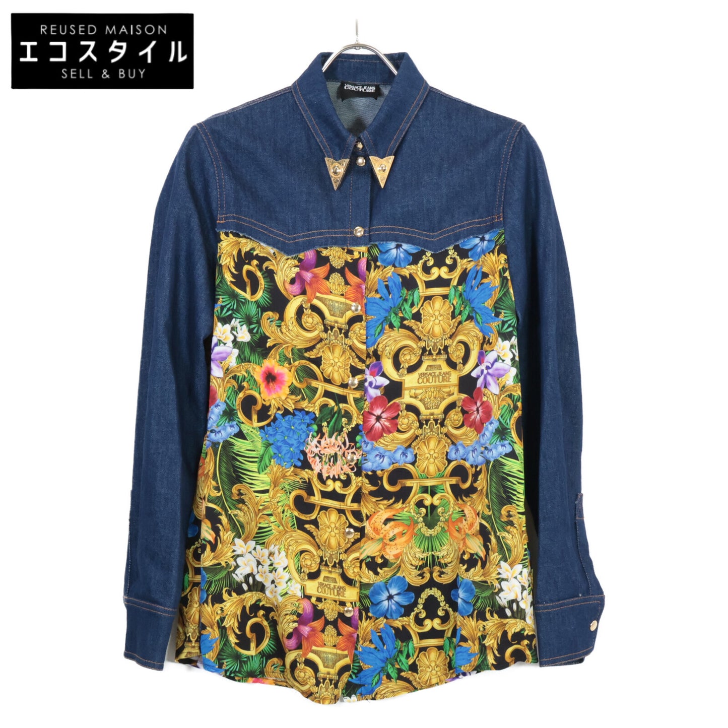Versace Jeans ヴェルサーチジーンズ B0HVA615 インディゴ×マルチカラー 金ボタンデニムコンビシャツ トップス