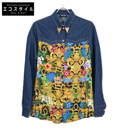 Versace Jeans ヴェルサーチジーンズ B0HVA615 インディゴ×マルチカラー 金ボタンデニムコンビシャツ トップス
