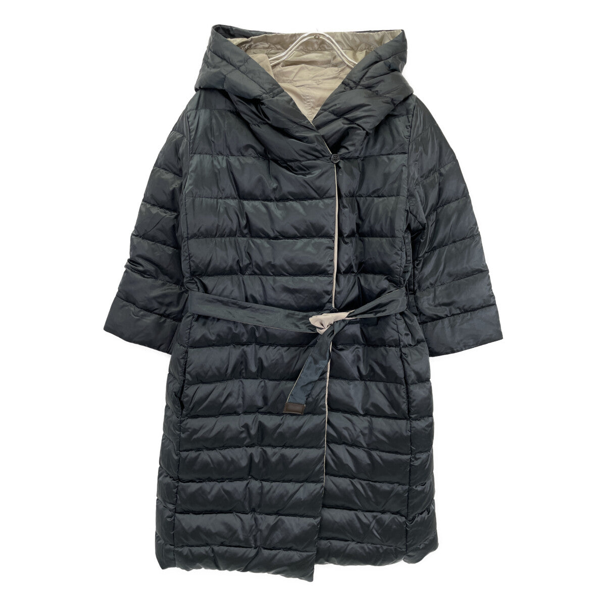 Dark Navy x Beige Reversible Hooded Down Coat with Belt, Coat, Size 42, Women's