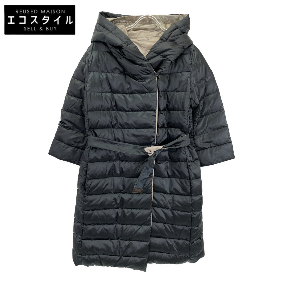 Dark Navy x Beige Reversible Hooded Down Coat with Belt, Coat, Size 42, Women's