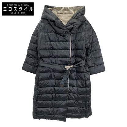 Dark Navy x Beige Reversible Hooded Down Coat with Belt, Coat, Size 42, Women's