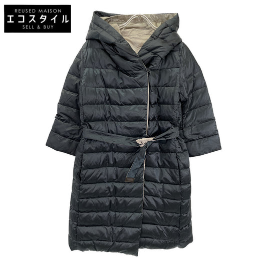 Dark Navy x Beige Reversible Hooded Down Coat with Belt, Coat, Size 42, Women's