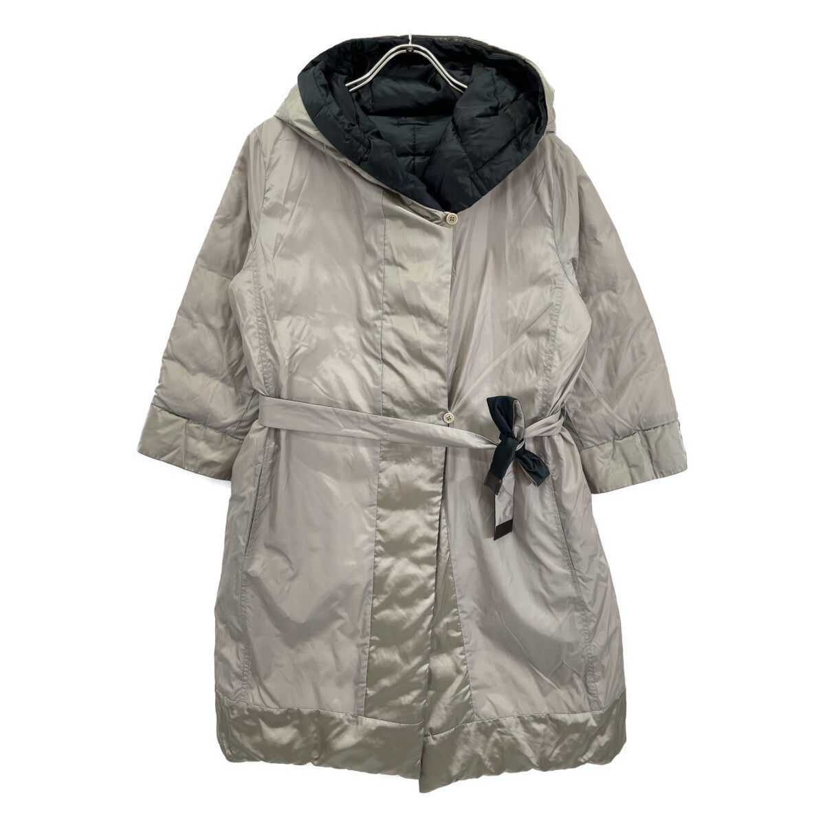 Dark Navy x Beige Reversible Hooded Down Coat with Belt, Coat, Size 42, Women's