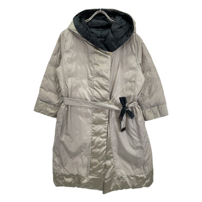 Dark Navy x Beige Reversible Hooded Down Coat with Belt, Coat, Size 42, Women's