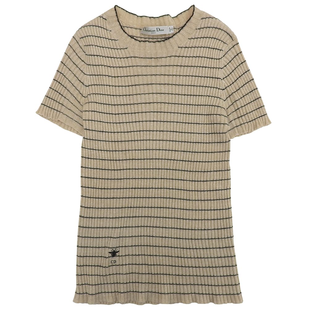 DIOR ディオール Bee刺繍 リネン×カシミヤ ショートスリーブ ボーダー ニットソー レディース ベージュ 38 124S24AM126 トップス