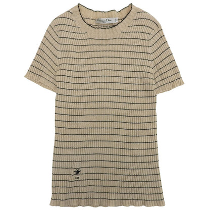 DIOR ディオール Bee刺繍 リネン×カシミヤ ショートスリーブ ボーダー ニットソー レディース ベージュ 38 124S24AM126 トップス