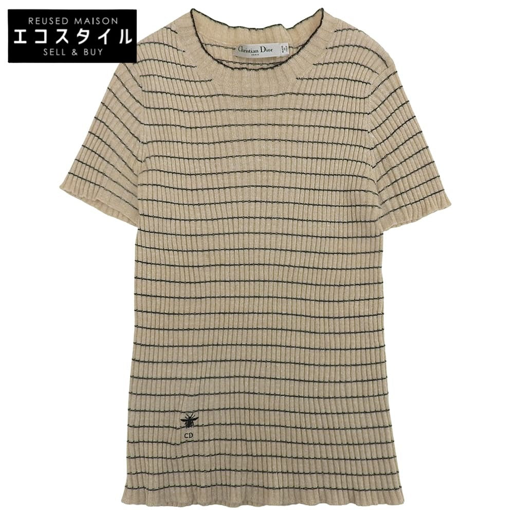DIOR Bee Embroidery Linen x Cashmere Short Sleeve Border Knit Top Women's Beige 38 124S24AM126 Tops