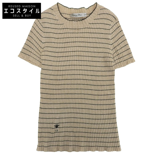 DIOR ディオール Bee刺繍 リネン×カシミヤ ショートスリーブ ボーダー ニットソー レディース ベージュ 38 124S24AM126 トップス