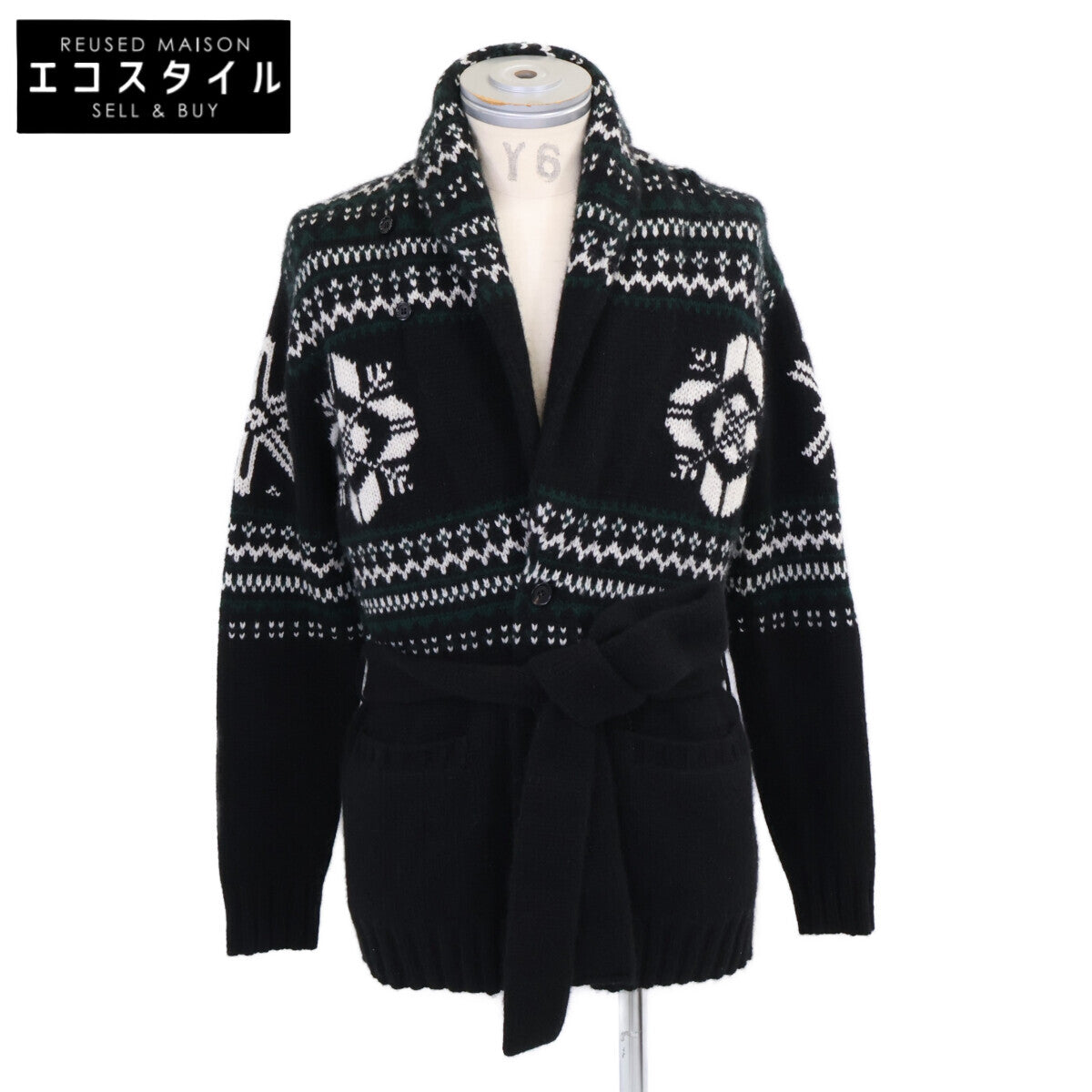 24年製 790953470001 カシミヤ100 総柄 ハンドニット ベルテッドショールカラーカーディガン トップス XS メンズ