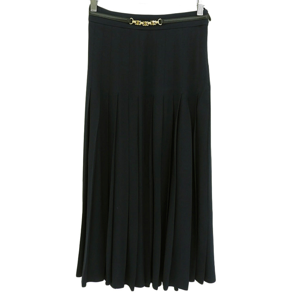 CELINE Gold Triomphe Hardware Leather Waist Pleated Skirt Women's Navy 36 2J335865C Skirt