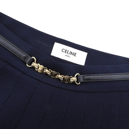 CELINE Gold Triomphe Hardware Leather Waist Pleated Skirt Women's Navy 36 2J335865C Skirt
