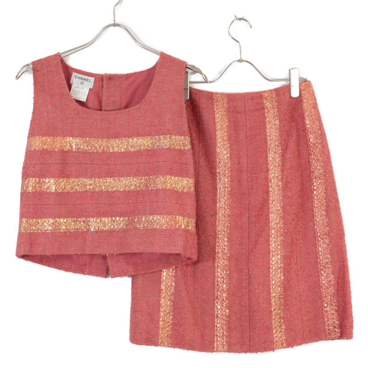 [Excellent/Domestic Authentic] 99P P13196V07517 Stripe Silk Blend Sleeveless Top/Skirt Tweed Suit Set-Up 38 Ladies