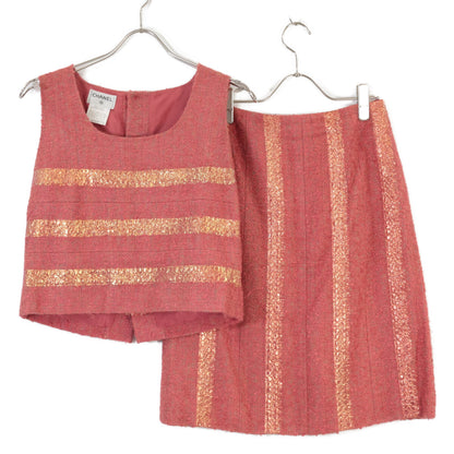 [Excellent/Domestic Authentic] 99P P13196V07517 Stripe Silk Blend Sleeveless Top/Skirt Tweed Suit Set-Up 38 Ladies
