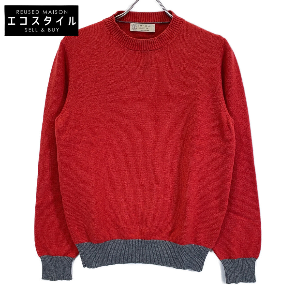 BRUNELLO CUCINELLI Red × gray 100% cashmere crew-neck long-sleeve knit pullover Tops