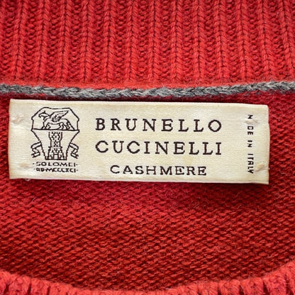 BRUNELLO CUCINELLI Red × gray 100% cashmere crew-neck long-sleeve knit pullover Tops