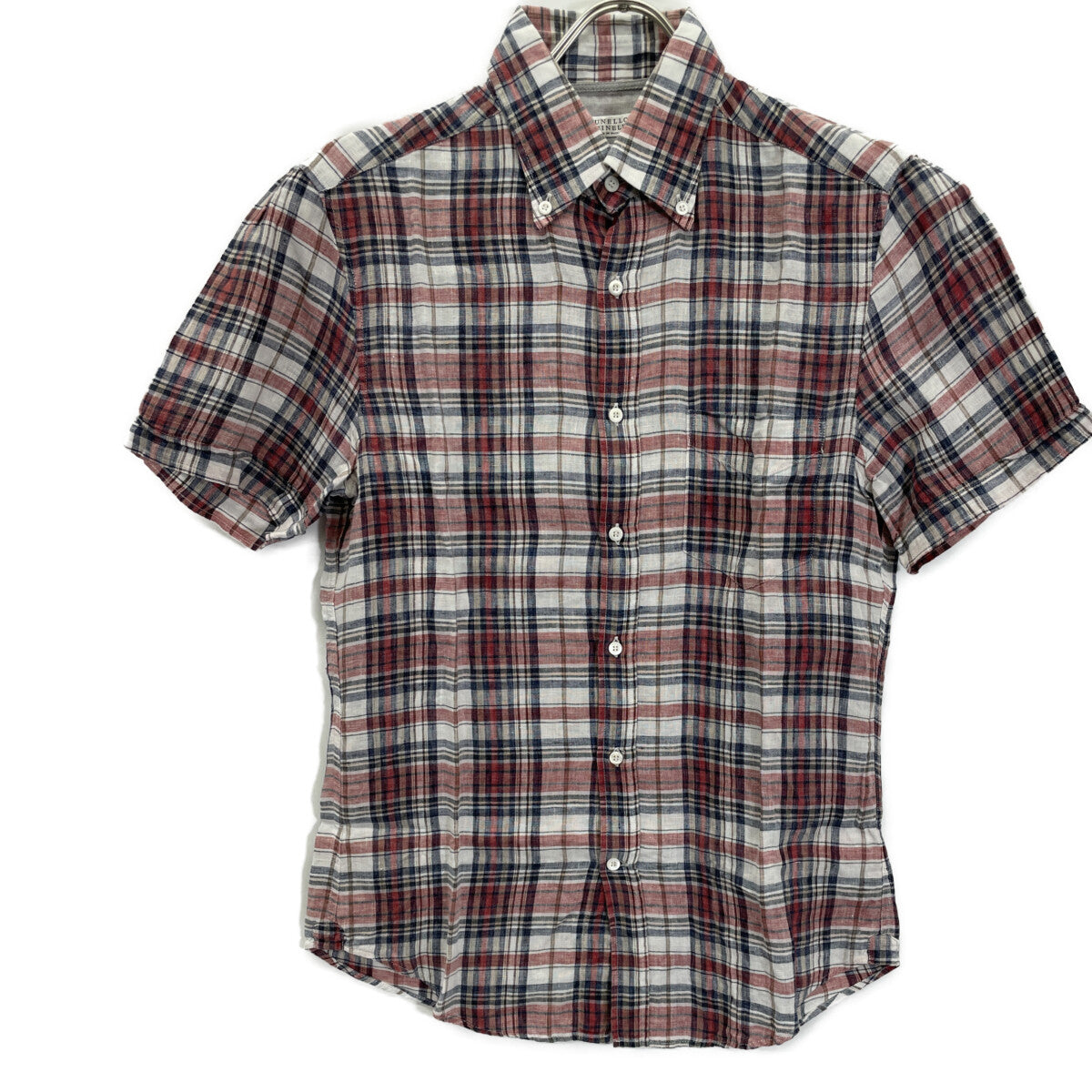 BRUNELLO CUCINELLI Multicolor 100% Linen Slim Fit Plaid Short Sleeve Button-Down Shirt Top