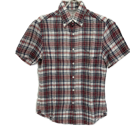 BRUNELLO CUCINELLI Multicolor 100% Linen Slim Fit Plaid Short Sleeve Button-Down Shirt Top