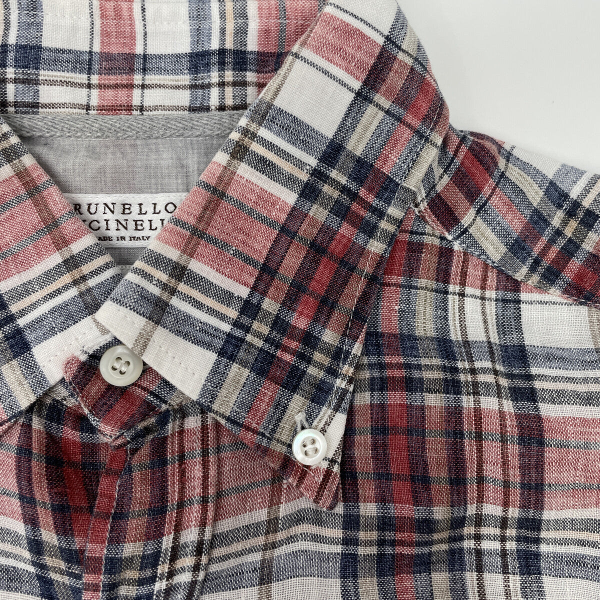 BRUNELLO CUCINELLI ブルネロクチネリ マルチカラー リネン100 スリムフィット チェック柄 ショートスリーブボタンダウンシャツ トップス