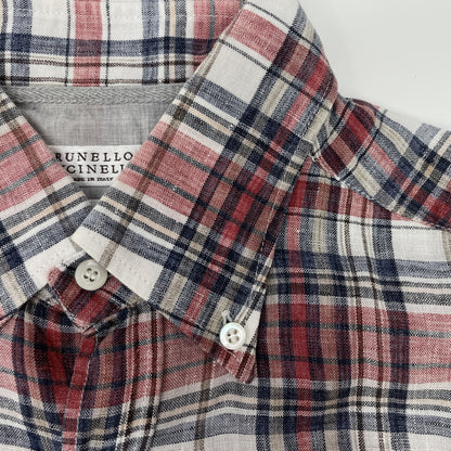 BRUNELLO CUCINELLI ブルネロクチネリ マルチカラー リネン100 スリムフィット チェック柄 ショートスリーブボタンダウンシャツ トップス