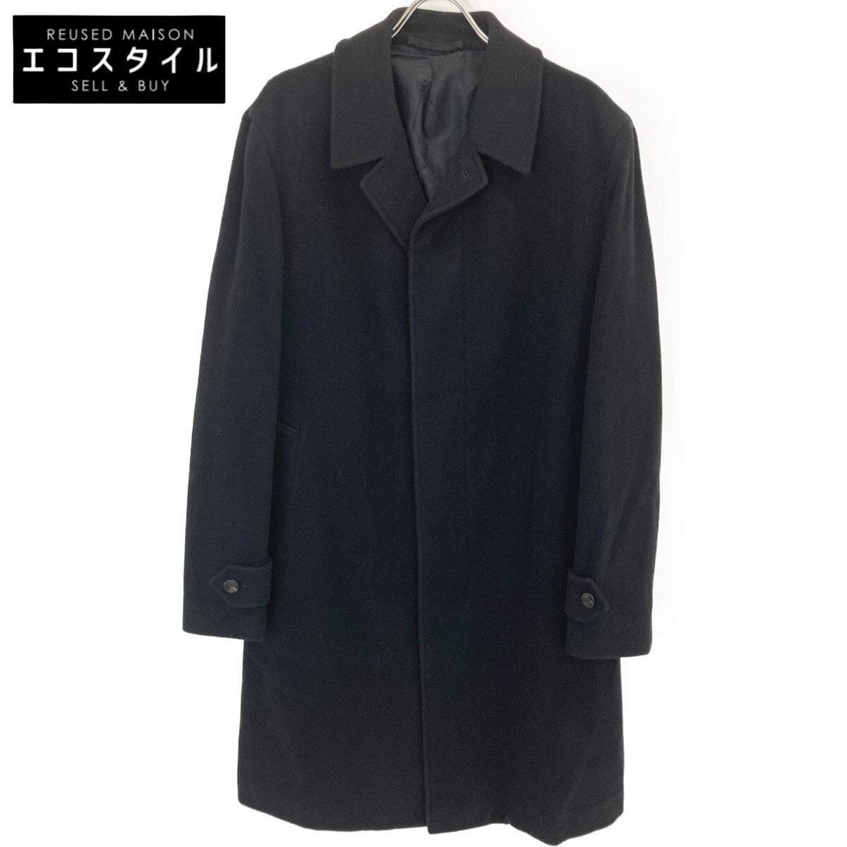 UJ594L Black Wool x Nylon Single Breasted Balmacaan Coat for Men