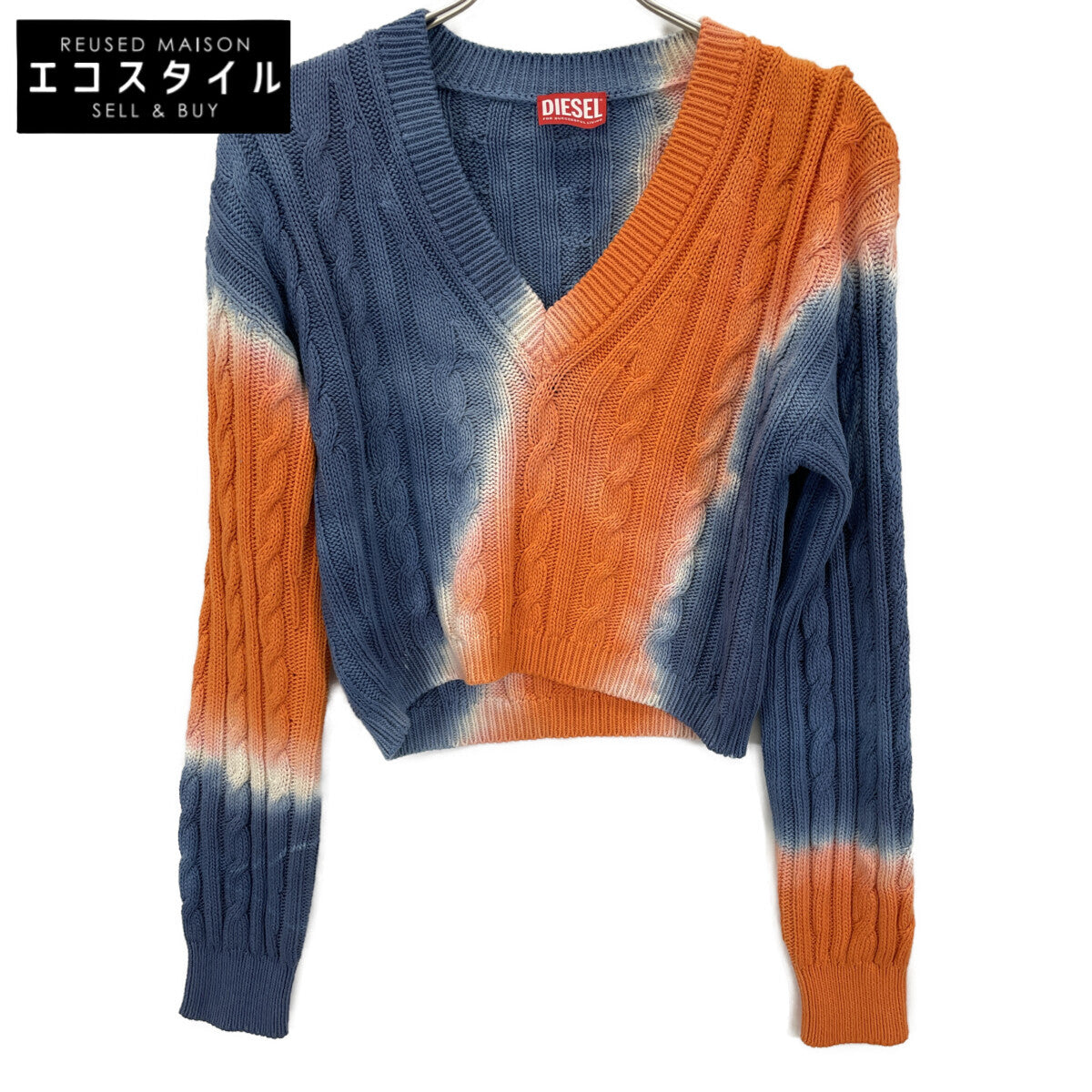 Orange x Blue Bicolor Gradient Cable Cropped Knit Top S Ladies