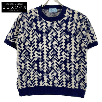PRADA 普拉达 P24TOP 19年 蓝色 羊毛羊绒 全幅图案短袖针织衫 上衣