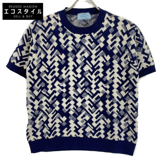 PRADA P24TOP 2019 Blue Wool-Cashmere Allover Pattern Short Sleeve Knit Top