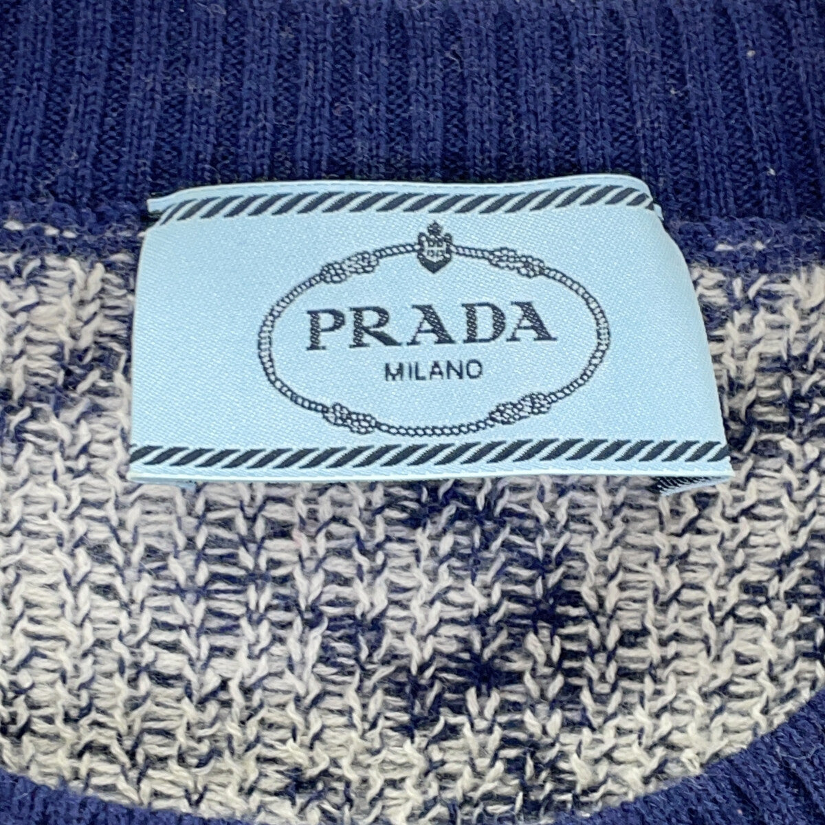 PRADA 普拉达 P24TOP 19年 蓝色 羊毛羊绒 全幅图案短袖针织衫 上衣