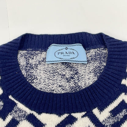 PRADA P24TOP 2019 Blue Wool-Cashmere Allover Pattern Short Sleeve Knit Top