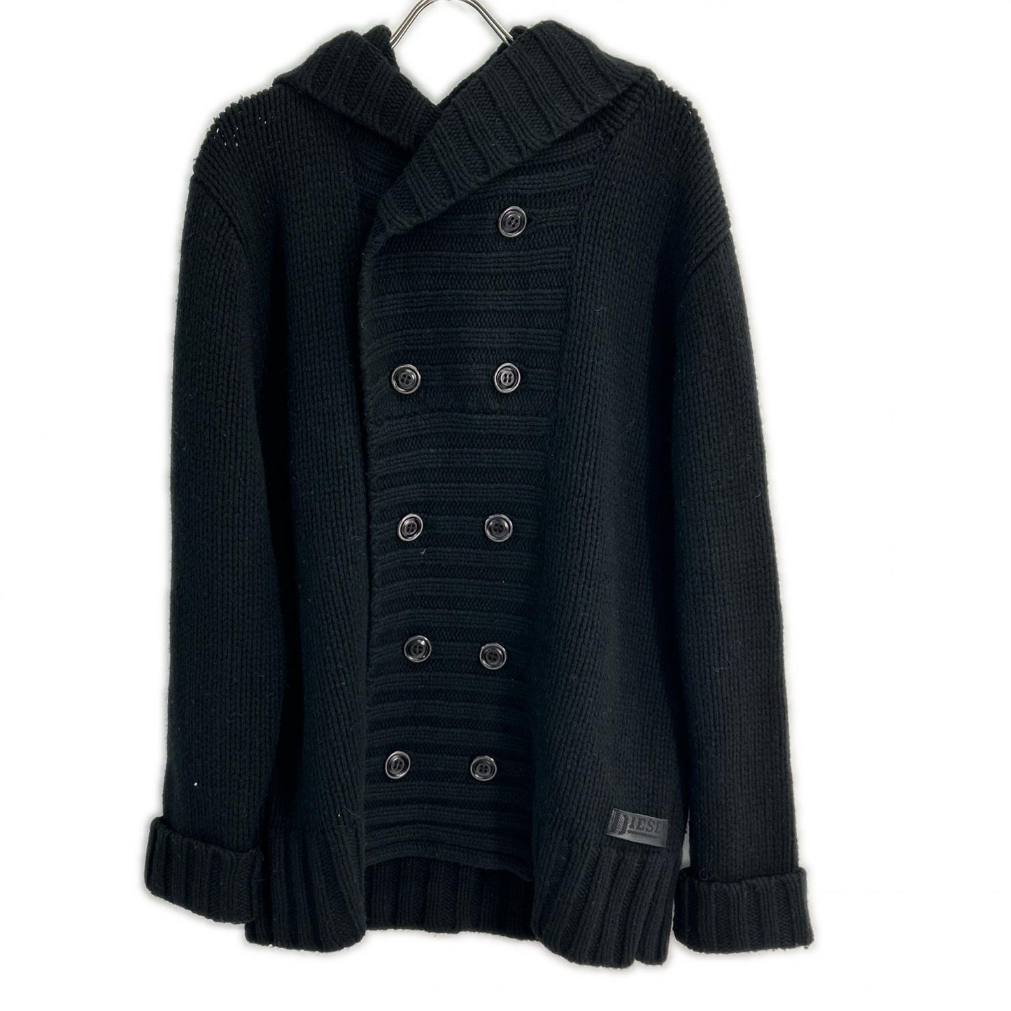 Black Wool Double-breasted Hooded Knit Jacket Men's