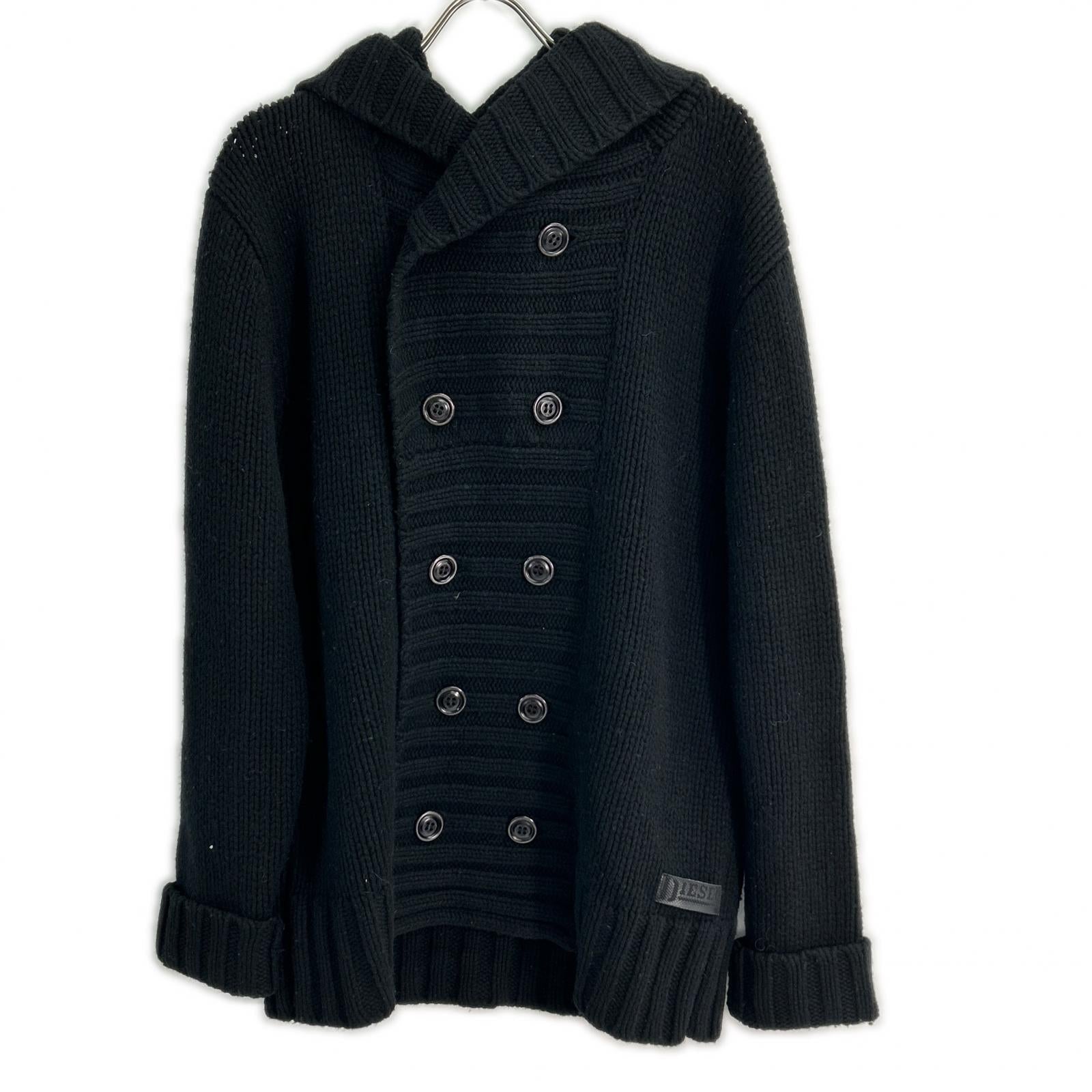 Black Wool Double-breasted Hooded Knit Jacket Men's