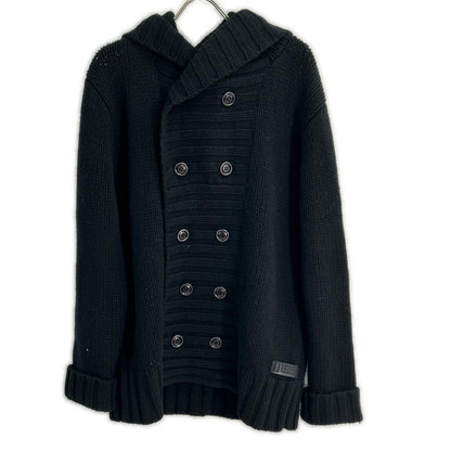 Black Wool Double-breasted Hooded Knit Jacket Men's