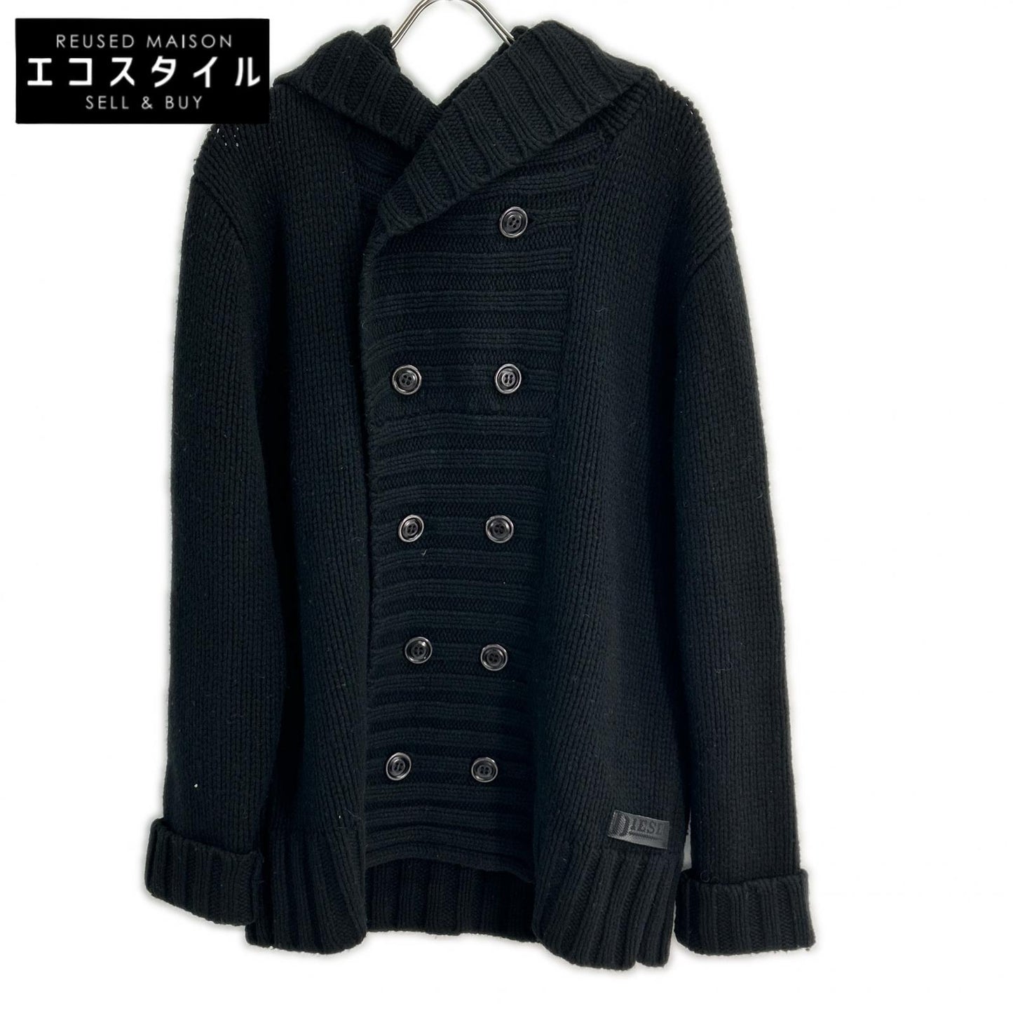 Black Wool Double-breasted Hooded Knit Jacket Men's