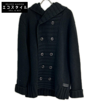 Black Wool Double-breasted Hooded Knit Jacket Men's