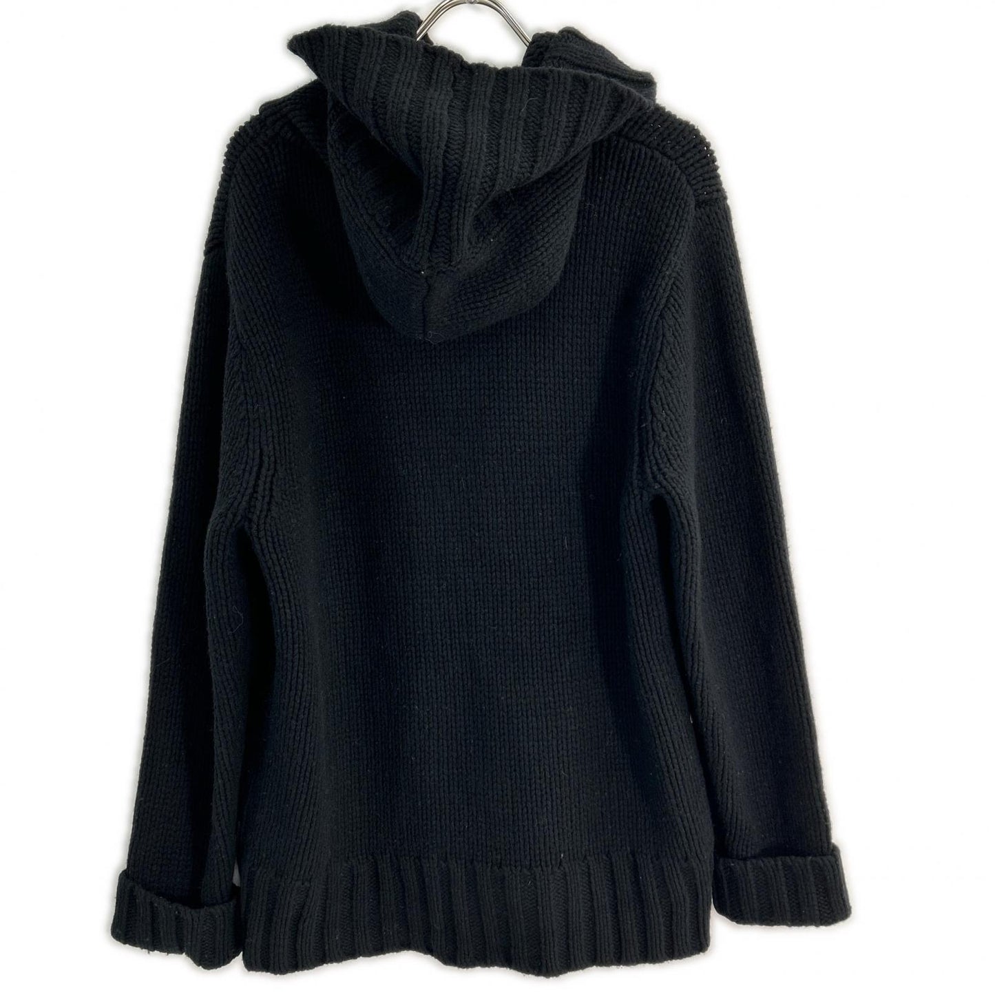 Black Wool Double-breasted Hooded Knit Jacket Men's