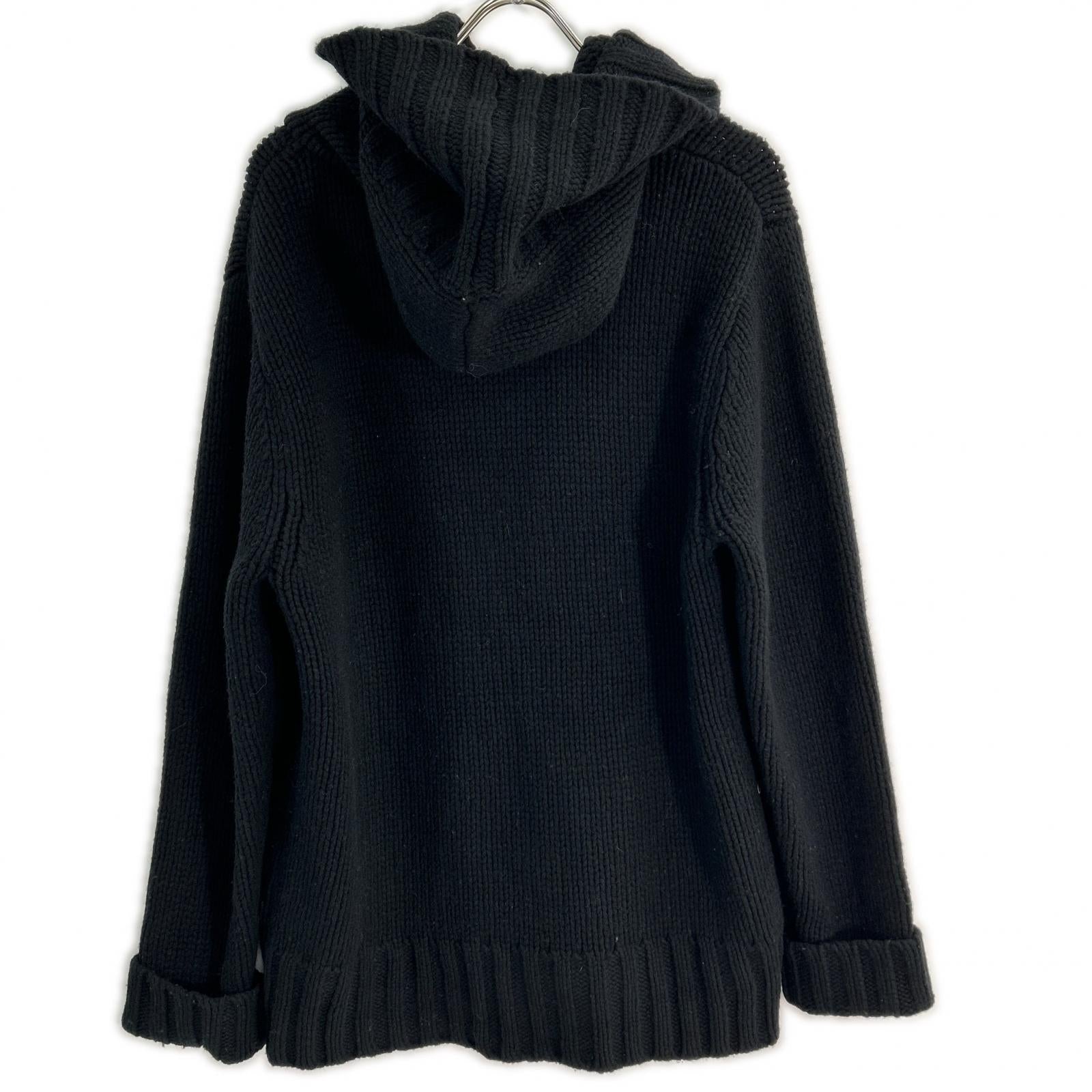 Black Wool Double-breasted Hooded Knit Jacket Men's