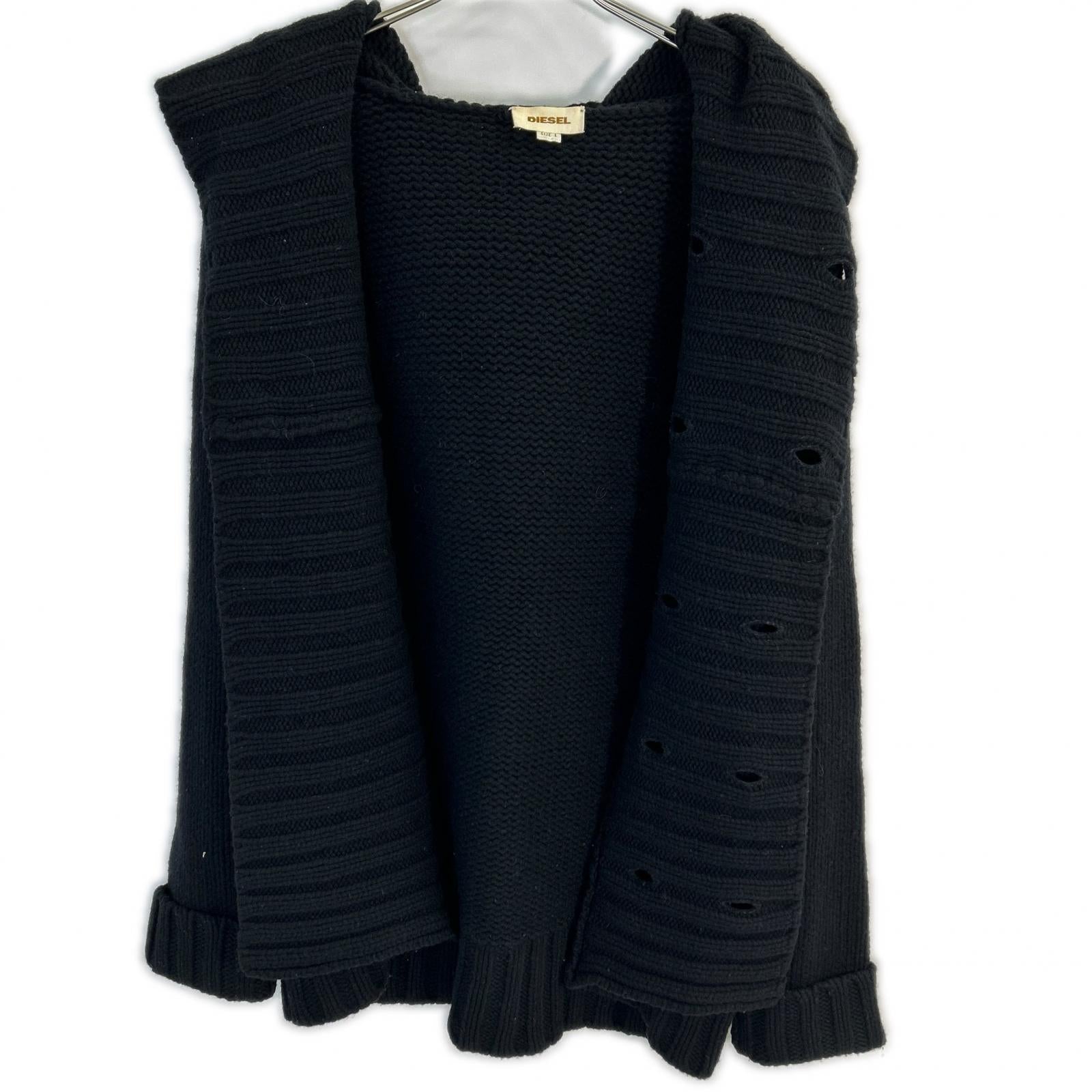 Black Wool Double-breasted Hooded Knit Jacket Men's
